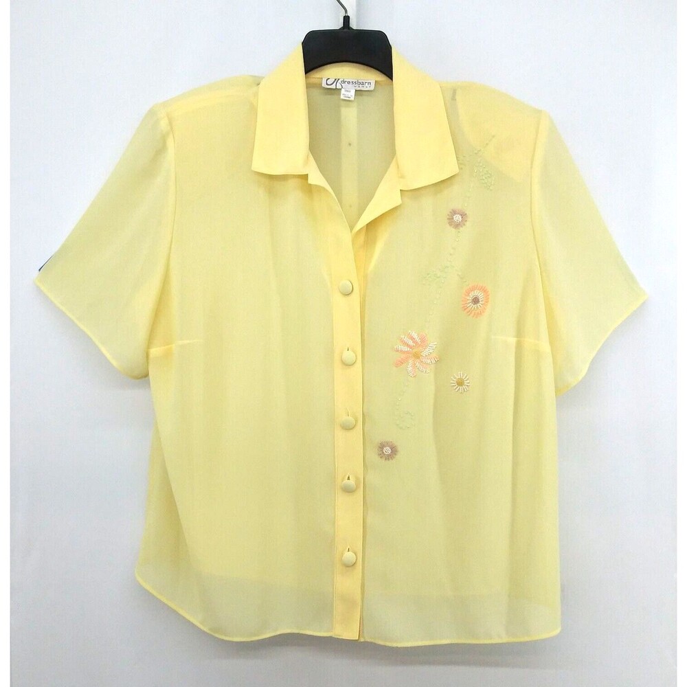Dressbarn Blouse Womens Size 18W Yellow Short Sleeve Sheer Beaded Button Up Top